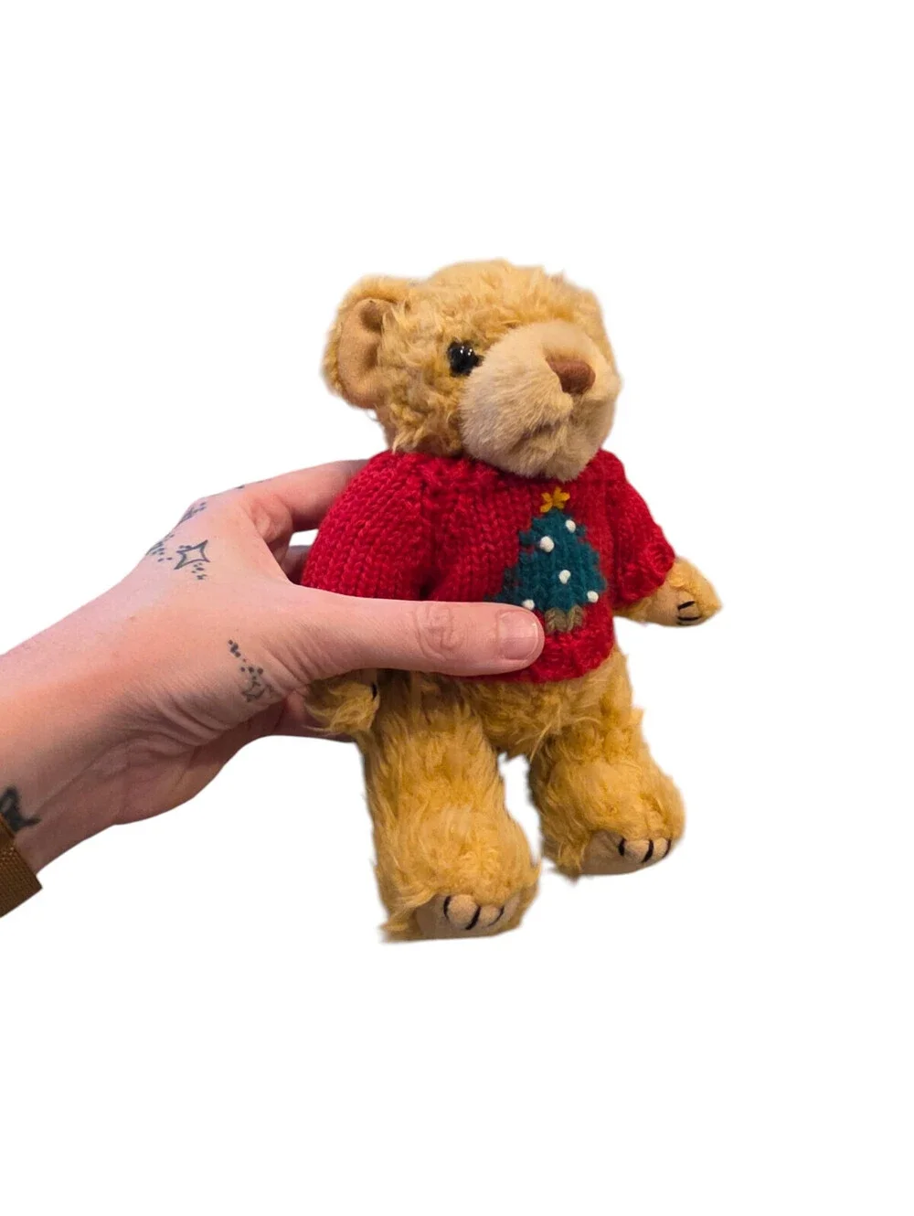 Vintage Jointed Plush Teddy Bear Stuffed Animal Wearing Christmas Sweater Beige